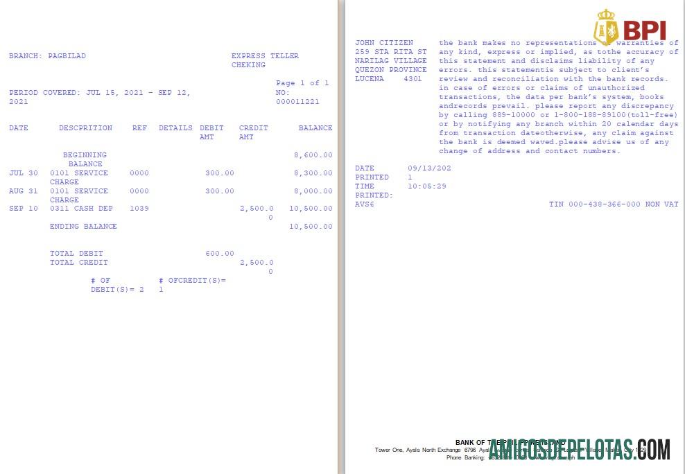 Modelo realista de extrato bancário do Banco das Ilhas Filipinas (BPI) nas Filipinas em formato Word e PDF, versão 2